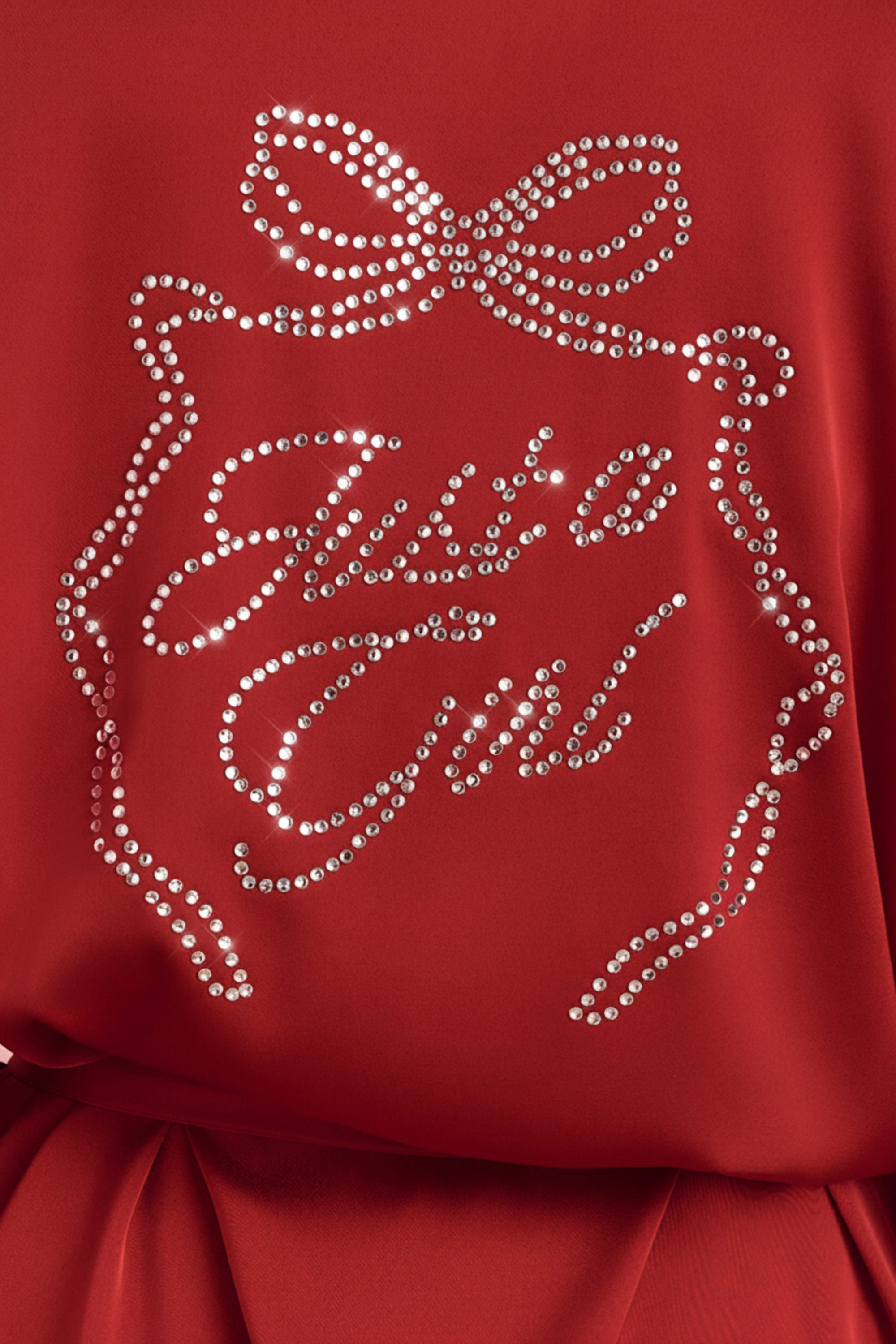 Embellished Loose-Fit Wrap-Over Robe in Ruby Red