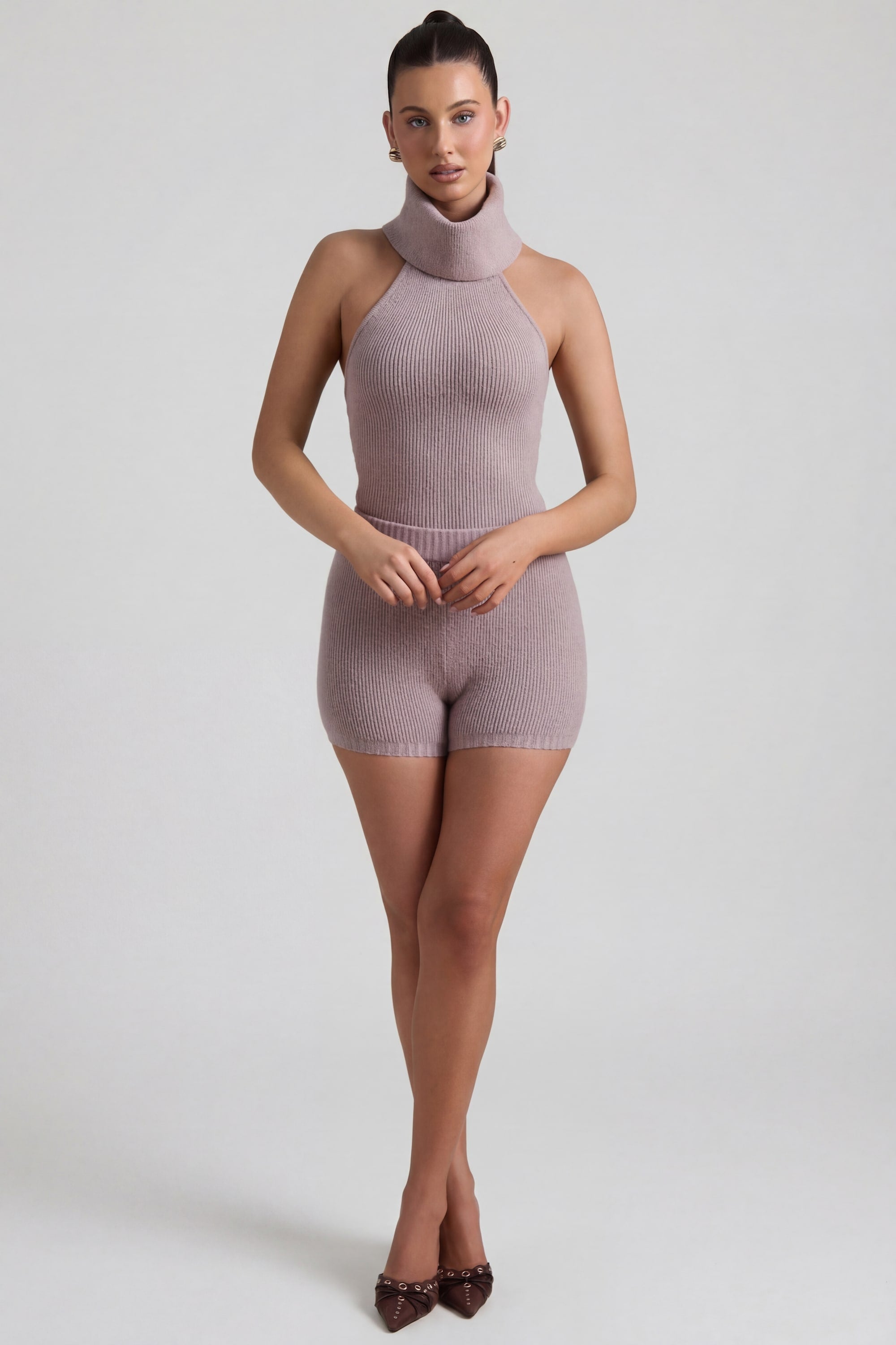 Ribbed-Knit Turtleneck Backless Top in Taupe